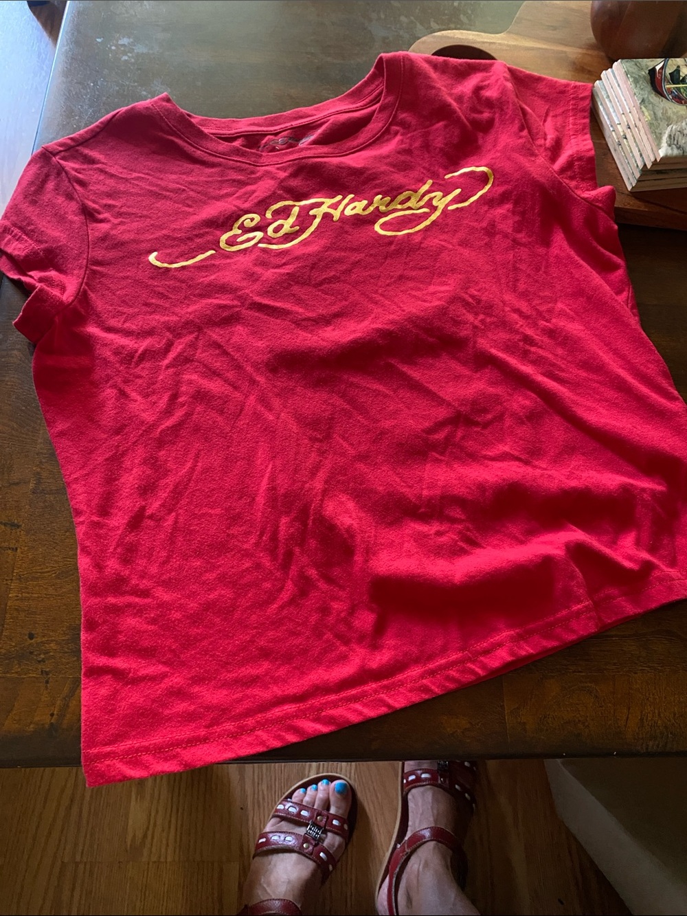 Ed Hardy Red Tee with Dragon and gold Script Logo size XL